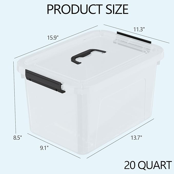 Wekioger 20 Quart Clear Plastic Lidded Storage Box with Latch Handle 4 Packs Containers Bins for Storage