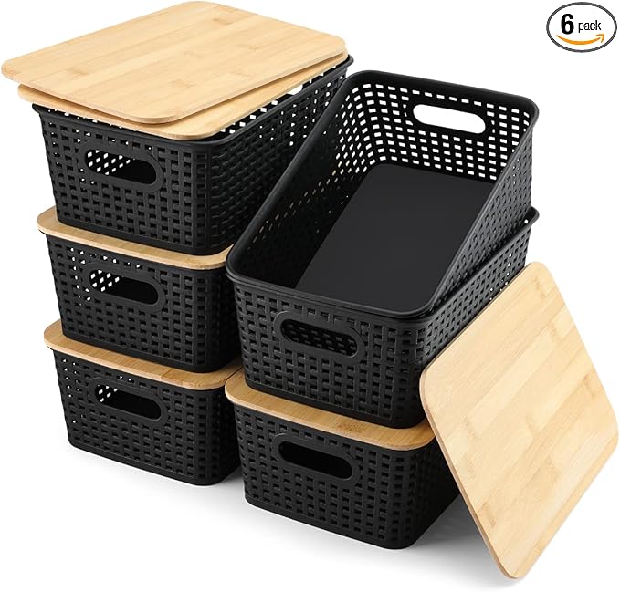 AREYZIN Storage Bins with Bamboo Lids Set of 6 Lidded Storage Container Plastic Baskets Organizer Bins for Organizing Kithen Room Bedroom Office Closet Sturdy(Black)