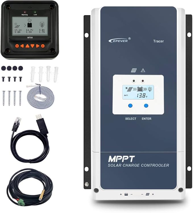 EPEVER 100A MPPT Solar Charge Controller 12V/24V/36V/48V Auto Max 150V Input Negative Ground Solar Panel Charge Regulator with MT50 Remote Meter Temperature Sensor RTS &amp PC Communication Cable RS4