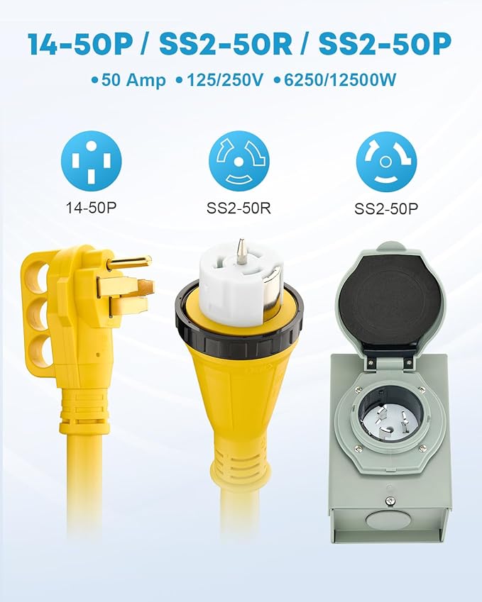 Kohree 50 Amp Generator Cord and Power Inlet Box Kit 30FT NEMA 14-50P to SS2-50R Generator Extension Cord 50Amp Pre-drilled Generator Inlet Box with Cable Waterproof Combo Kit 125/250V ETL Listed