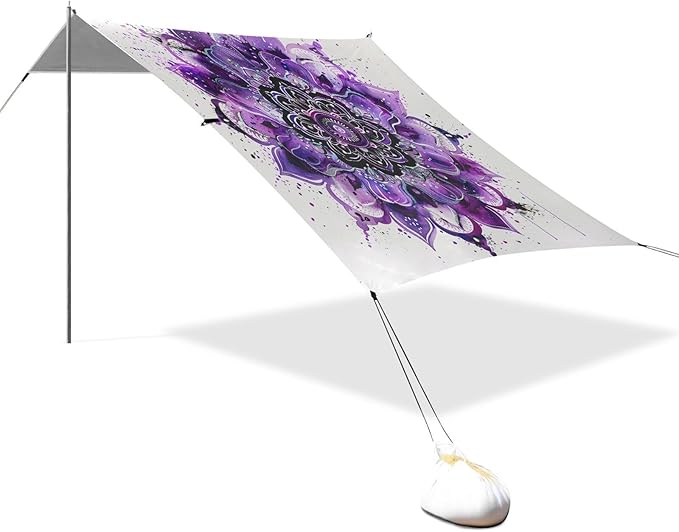 ALAZA Purple Mandala Watercolor Beach Tent Sun Shelter UPF50+ Protection Beach Shade Canopy w/ 4 Sandbags for Outdoor Camping Fishing Backyard Fun Picnic 10x9 ft