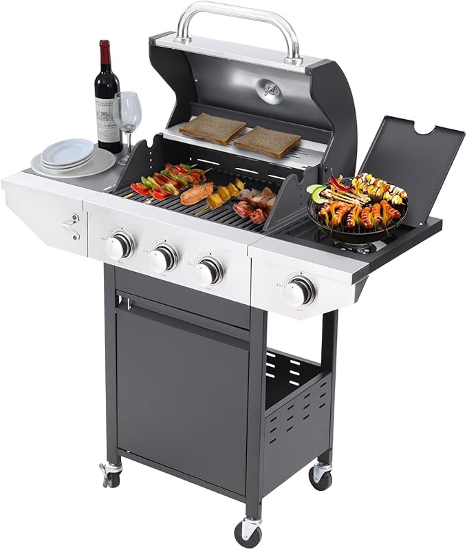 Endark 3-burner Propane Gas Grill | 37000 BTU Stainless Steel with Side-iFre Function | with Enameled Cast Iron GrateThermometer and Side Stand Wheels | Great for Patio and Garden Outdoor Cooking