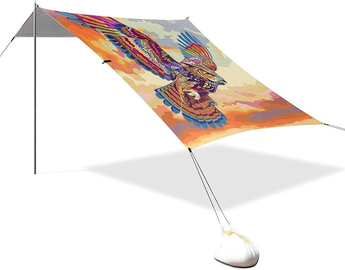 ALAZA Rainbow Color Owl Soraing Sunset Beach Tent Sun Shelter UPF50+ Protection Beach Shade Canopy w/ 4 Sandbags for Outdoor Camping Fishing Backyard Fun Picnic 10x9 ft