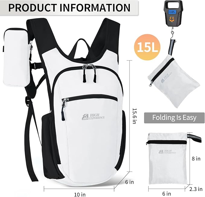 Hiking Backpack 10L/15L Small Daypack Lightweight Packable Travel Foldable Water Resistan for Women Men (White 15L)