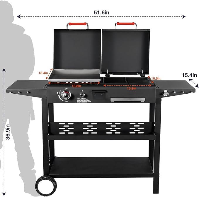 Propane and Charcoal Grill Combo Gas Griddle Grill Combo Two Fuel BBQ Grills with Long Silicone Non-Slip Grill Gloves Dual Fuel Lids and Side Shelves