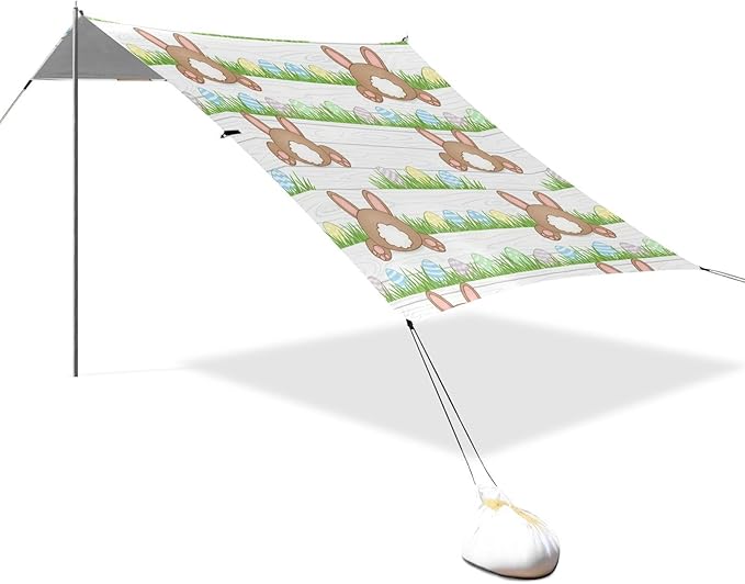 Beach Canopy with Windproof Ropes &amp Sandbags Beach Tent Sun Shade Sun Shelter for Camping Trips Fishing Backyard Fun or Picnics Easter Rabbit