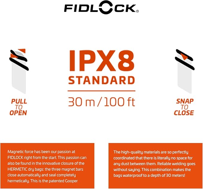 FIDLOCK Hermetic Dry Bag Flexible Magnetic Self-Sealing Bag for Cellphone | 100% Water &amp Sand Proof | Practical Size with a Large Opening | Lanyard Included | Medi | Orange Transparent