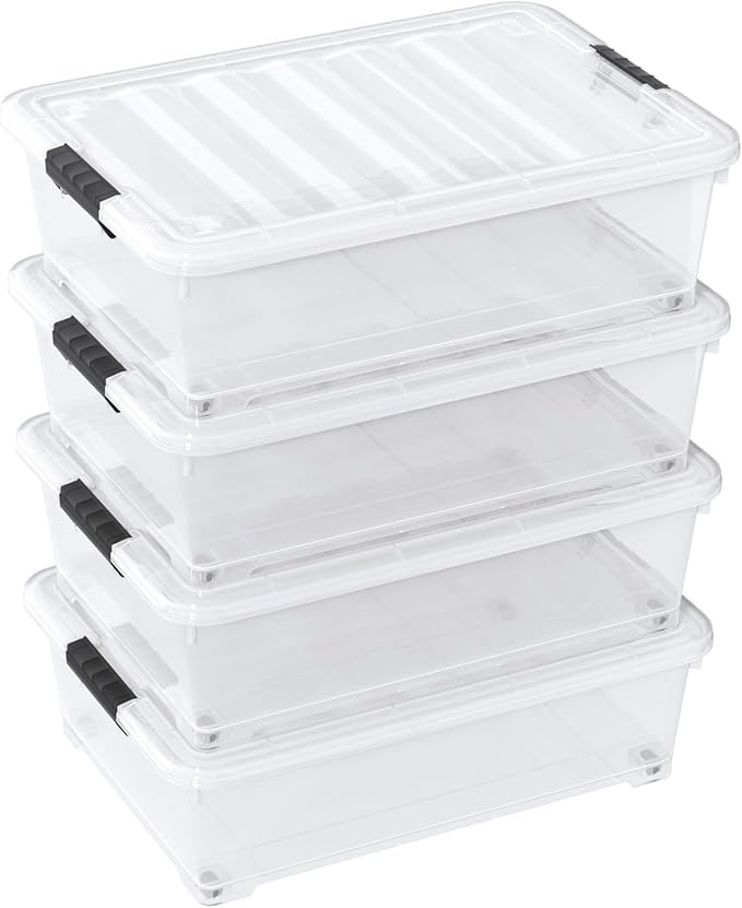25 Quart Clear Underbed Storage Bins with Wheels Stackable Plastic Latching Bin with Lid 4 Packs