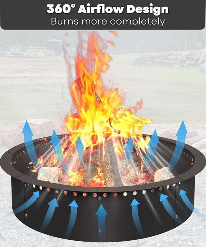 31 Inch Smokeless Fire Pit Ring Insert Outdoor Heavy Duty Metal Steel DIY Firepit Rim Liner Round Campfire Rings for Outside Wood Burning Above or In-Ground Black