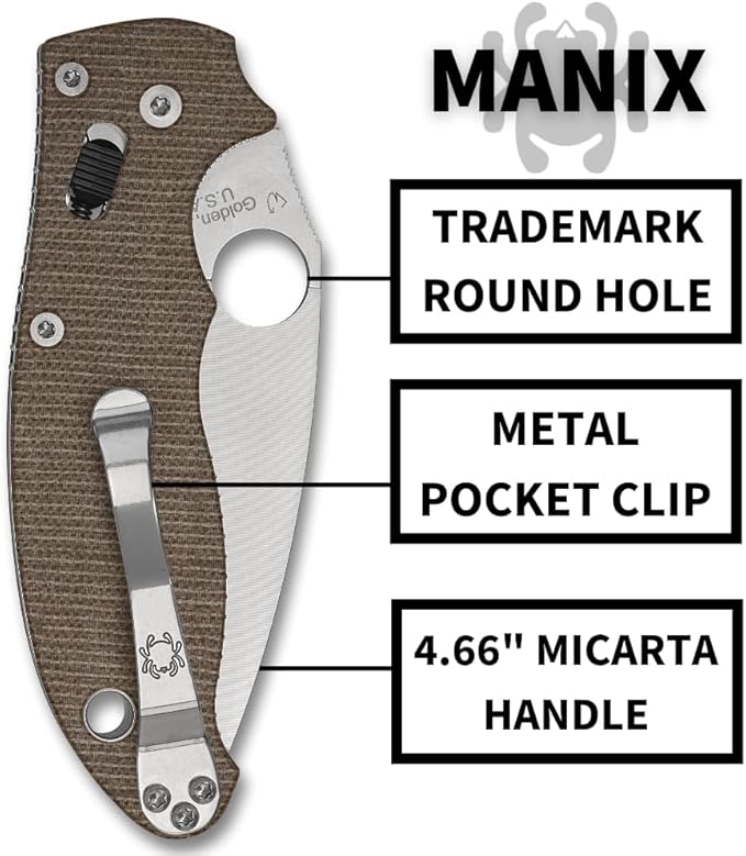 Spyderco Manix 2 Folding Pocket Knife with 3.3 CPM Cru-Wear Steel Blade and Micarta Handle - EDC Knife for Men and Women Perfect for Hunting Tactical Camping Survival - PlainEdge - C101MPCW2