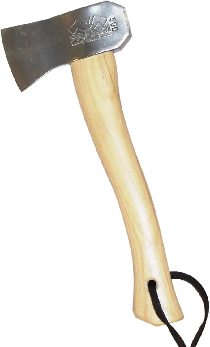 PRANDI Camping Hatchet 1.15lb - Hickory Handle 13in with Leather String - Ideal for Camping Travel and Bushcraft - Made in Italy