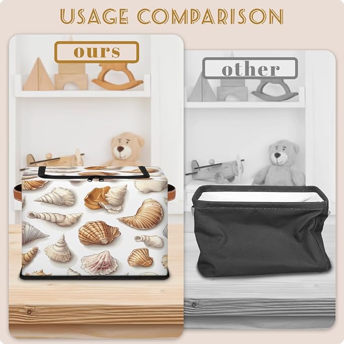 Seashell Storage Box with Lid Ocean Theme Collapsible Storage Bins Baskets Cubes Closet Shelf Clothes Organizer Containers with PU Leather Handles