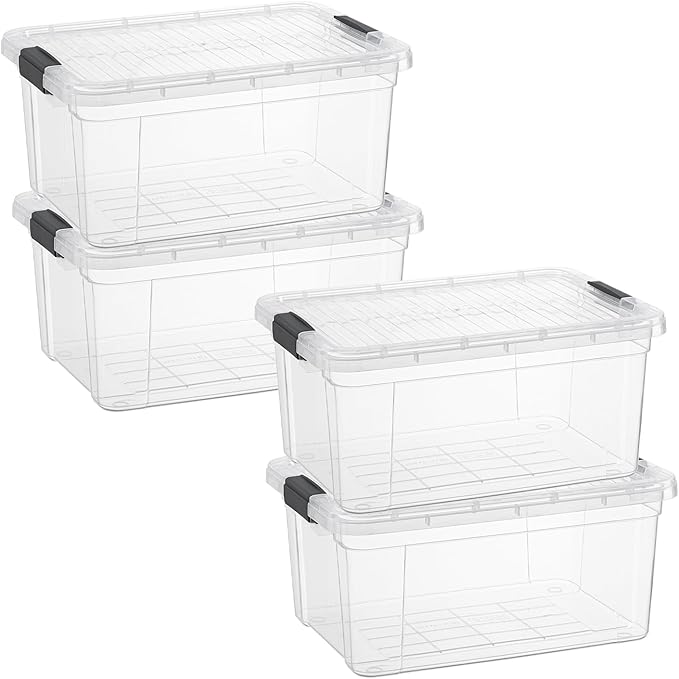 Superio Small Storage Bins with Lids - Clear Boxes for Organizing Stackable Plastic Containers - BPA Free Non-Toxic Odor Free Organizer for Home Office Dorm(4 Pack 11 Qt)