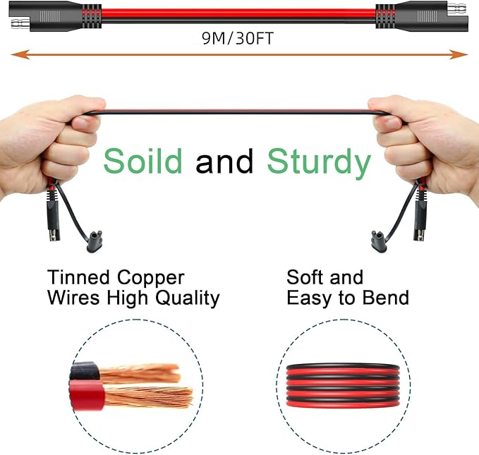 SAE to SAE Extension Cable 16AWG 30FTSAE Extension Cable Quick Disconnect Connector with SAE Polarity Reverse Adapter Trolling Motor RV Motorcycle Cars Tractor(16AWG 30FT)