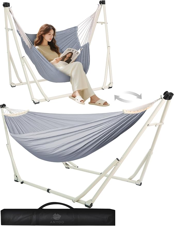Anyoo 2 in 1 Hammock and Swinging Chair with Collapsible Steel Stand &amp Carrying CasePortable &amp AdjustableEasy Set Up for OutdoorIndoorPorch SwingPatioGardenCamping Trip