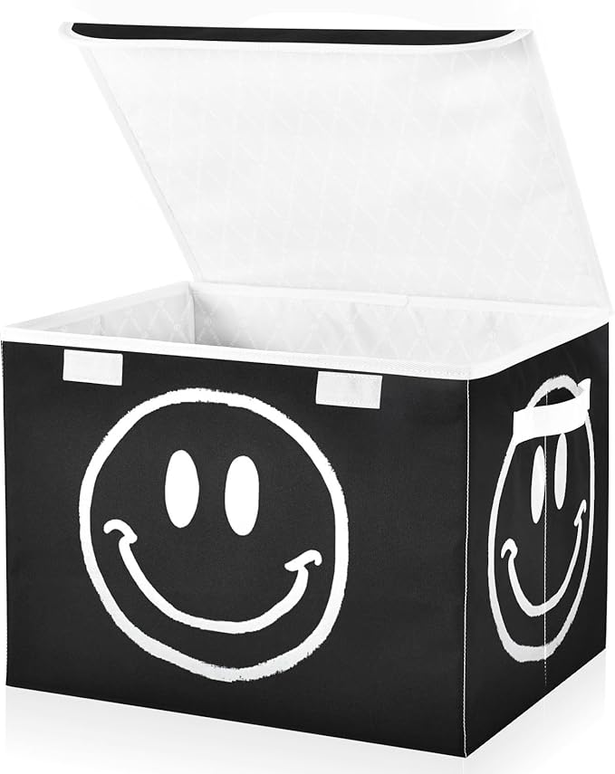 Happy Face Black White Large Storage Bins with Lid Foldable Storage Cubes Fabric Closet Organizer Containers Box Baskets with Flip-Top Lid for Home Office 16.5” x 12.6” x 11.8”