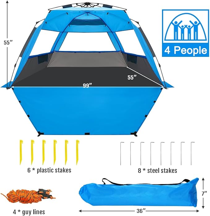 WhiteFang Deluxe Pop Up Beach Tent Sun Shade Shelter for 3-4/5-6 Person UV Protection Extendable Floor with 3 Ventilating Windows Plus Carrying Bag Stakes and Guy Lines