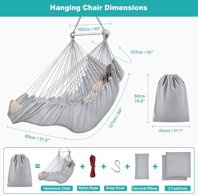 Outerman Hammock Chair Hanging Chair with 3 Cushions and Foot Rest Support Sturdy Metal Spreader Bar Max 440 Lbs Swing Chair for Bedroom Indoor &amp Outdoor Patio Porch or Tree（Gray）