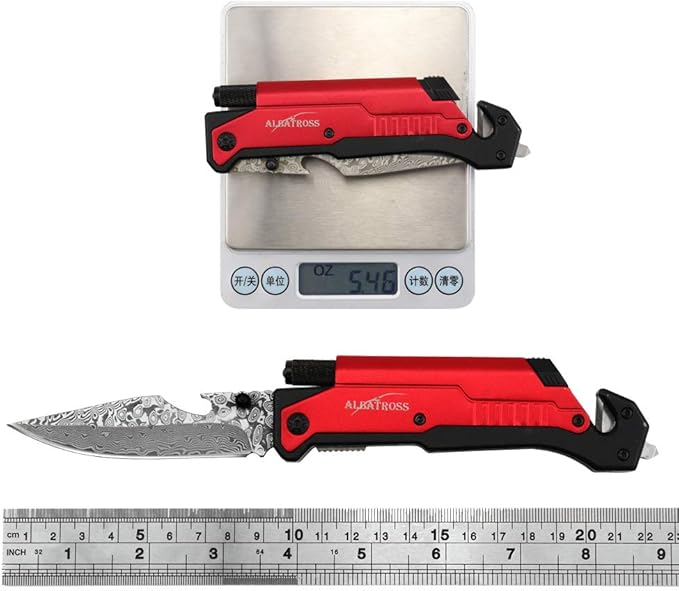 ALBATROSS 6-in-1 Modern Damascus Steel Folding Pocket Knives with LED LightSeatbelt CutterGlass BreakerMagnesium Fire StarterBottle OpenerMulti-Function Emergency Tool(Red-DA)