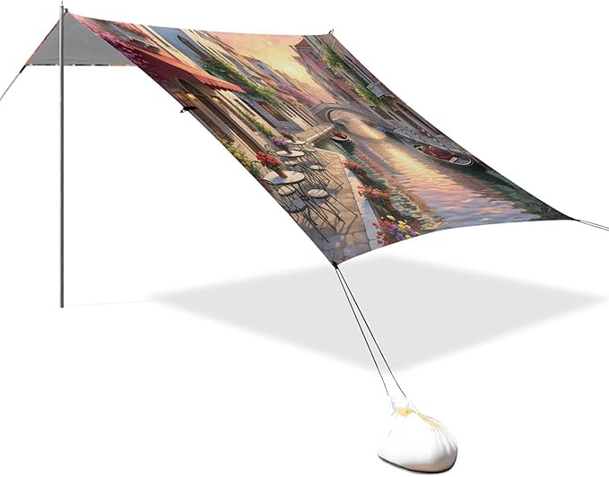 xigua Landscape Beach Tent Sun Shelter with Carrying Bag - Silver Coated Oxford Fabric Beach Canopy for Beach Camping Fishing - Includes Windproof Ropes Sandbags &amp Stakes