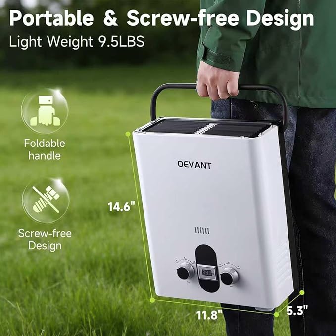 Propane Water Heater 1.32 GPM 5L Portable Tankless Water Heater with Overheating Protection Upgrade Screw-free Back Shell Instant Hot Water for RV Camping Outdoor Shower (WHITE)