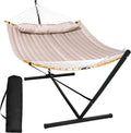 SUNCREAT 55 Inch Large Double Hammock with Stand 450lbs Capacity Outdoor Portable Hammock with Curved Spreader Bar Extra Large Pillow Tan