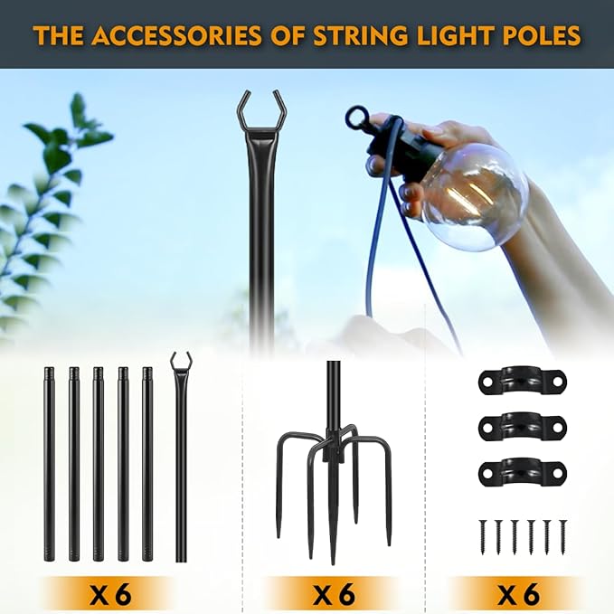 FEED GARDEN String Light Poles for Outside10FT Metal Poles for Outdoor String Lights Stand Poles for Deck Garden Patio Wedding Backyard Christmas Party 6 Pack