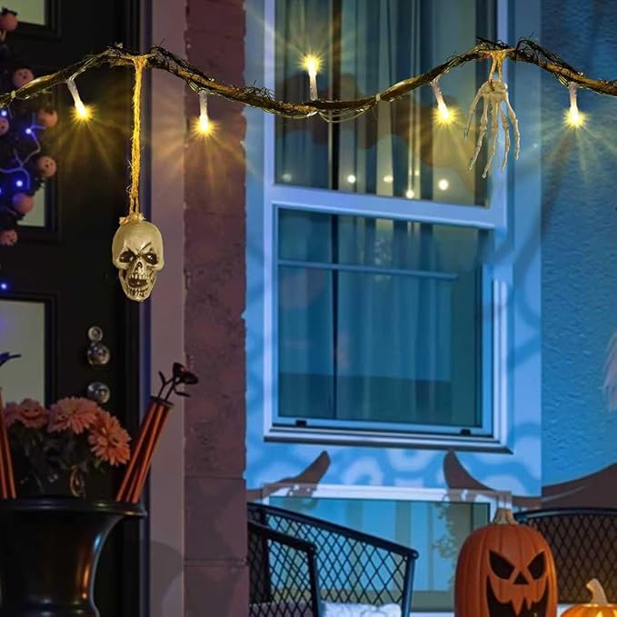 Halloween Indoor Outdoor 6FT Lights Decor 26LED Hanging Skeleton Bone Hand String Lights Battery Operated Spooky Halloween Wreath Door Patio Party Decoration