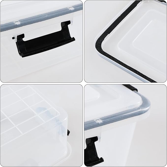 12 Quart Clear Plastic Storage Box with Gasket Seal Lid Set of 6 Stackable Plastic Storage Bins with Secure Latching Buckles