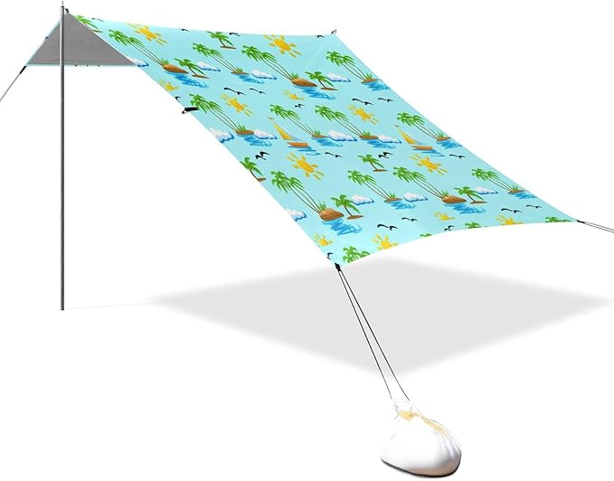 xigua Landscape Beach Tent Sun Shelter with Carrying Bag - Silver Coated Oxford Fabric Beach Canopy for Beach Camping Fishing - Includes Windproof Ropes Sandbags &amp Stakes