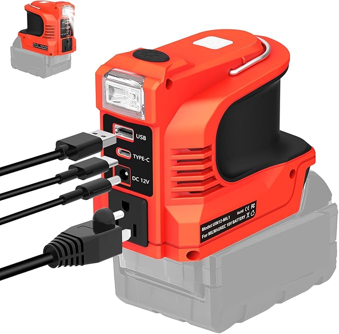 220W Power Inverter for Milwaukee 18V DC 20V to AC 110-120V Inverter 18V Battery Powered Portable Power Source Supply Charger Adapter with USB&ampType-C&ampAC Outlet&ampLED Light(No Battery)