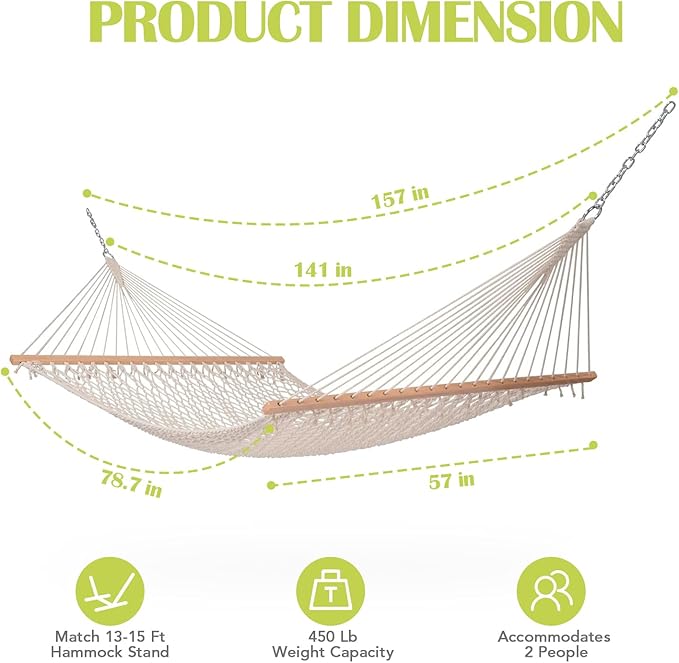 Lazy Daze Hammocks 12FT Double Rope Hammocks 2 Person Hand Woven Cotton Hammock with Spreader Bar for Outside Patio Poolside FIT 13-15 FT Stand Max 450 Lbs Natural 141 x 57 inches