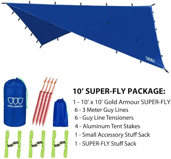 Gold Armour Rainfly Tarp Hammock Premium 14.7ft/12ft/10ft/8ft Rain Fly Cover Waterproof Ultralight Camping Shelter Canopy Survival Equipment Gear Camping Tent Accessories (Blue 10ft x 10ft)
