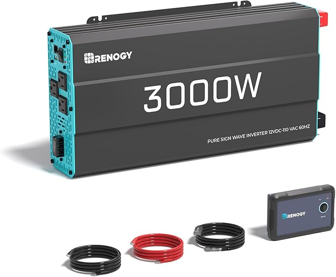 Renogy Inverter P2 3000 watt Pure Sine Wave Inverter Solar Car Power Inverter 12V to 120V AC Converter for RV Truck Camping Home Backup Outdoor Emergency Off-Grid Living 16.4FT Remote Control