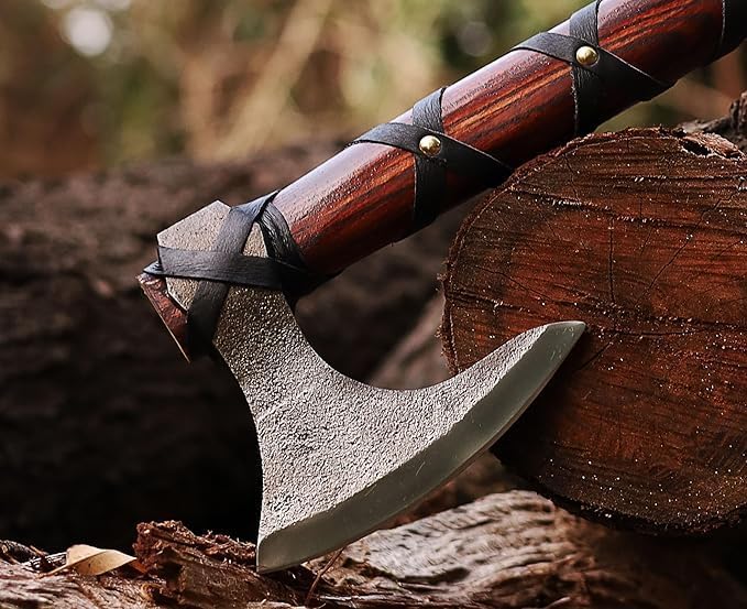 Viking Axe | Hand-Forged Carbon Steel Tomahawk with Rosewood Handle &amp Leather Sheath Bearded Axe for Camping Bushcraft Throwing Gifts for Men (Brown)
