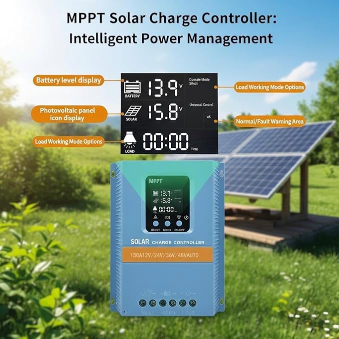 Solar Charge Controller 150A 12V 24V 36V 48V Intelligent Recognition LCD Display Battery Intelligent Regulator Maximum 100V Input Dual USB for Lead Acid/Lithium Battery (SA150A)