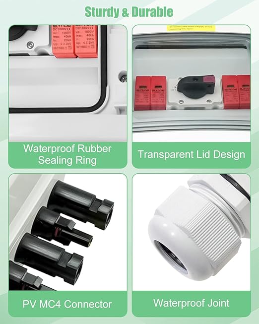 32 Amp 2 Strings Solar Disconnect Switch with DC1000V Lightning Surge Protector Arrester and IP65 Waterproof 2 in 2 Out Solar PV Combiner Breaker Box for Outdoor Solar Panel System