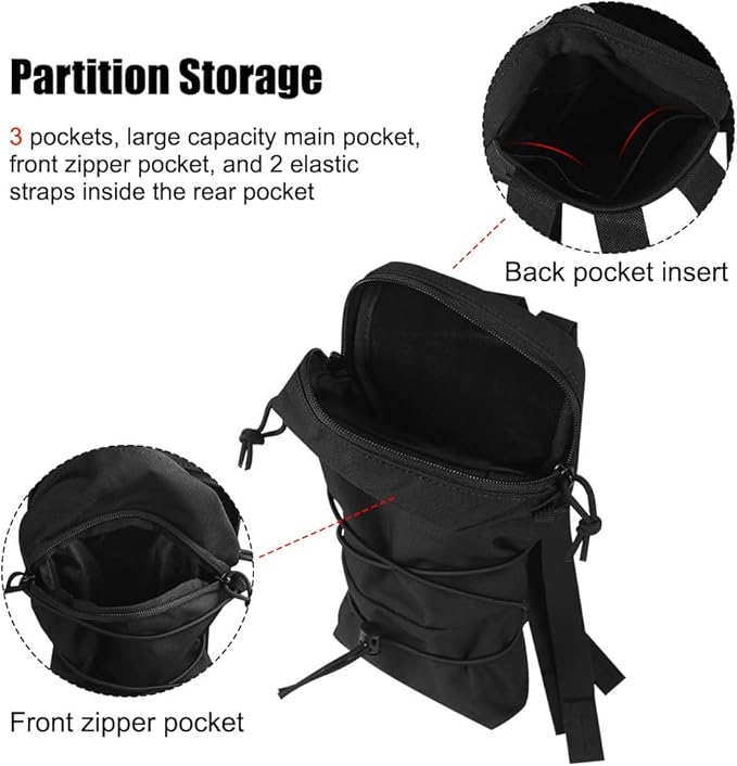Tactical Pocket 3-Pocket Division Hydration Pouch Bag Lightweight Backpack Attachment Pouches with Elastic Rope for Tactical Organization