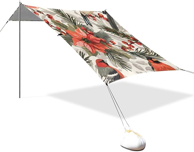 ALAZA Poinsettia Cardinal Bird Beach Tent Sun Shelter UPF50+ Protection Beach Shade Canopy w/ 4 Sandbags for Outdoor Camping Fishing Backyard Fun Picnic 10x9 ft