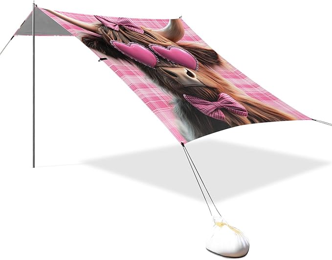 ALAZA Pink Bows Highland Cow Beach Tent Sun Shelter Portable Canopy Sunshade for Outdoor Camping Picnics Backyard Fun 10x9 ft
