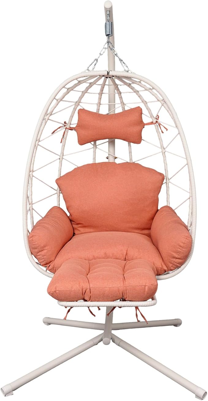 Hanging Egg Chair with Stand Outdoor Indoor Patio Rattan Swing Hammock Chairs with Washable Cushion PE Wicker Swing Chair for Backyard Bedroom Garden (White + Orange Red Cushion with Footrest)