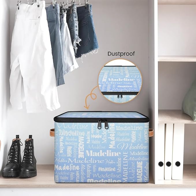 Custom Storage Basket with Name Personalized Keepsake Box with Zipper Lid Foldable Fabric Memory Bin Large capacity with Handle White Blue