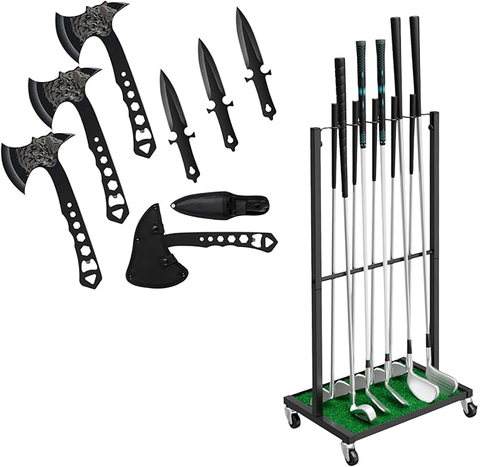 Throwing Knives Throwing Axes and Tomahawks 3 Pack Set with Bottle Opener and Nylon Sheath+ Golf Club Holder Stand Golf Ball Holder Display for 10 Cues