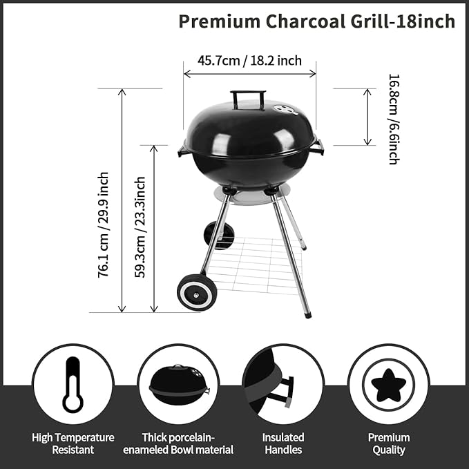 18 Inch Charcoal Grill BBQ Kettle Grill with Enamel Lid &amp Ash Catcher Portable Charcoal Grill for Outdoor Grill Camping and Small Patio Backyard Includes Wheels for Easy Mobility