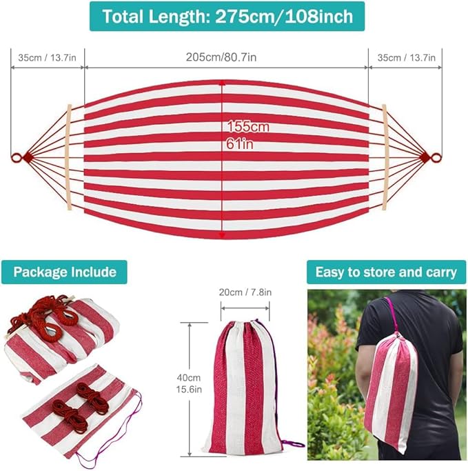 MOSFiATA Hammocks Portable Camping Hammock Upgraded 550lb Thickened Fabric Single Hammocks with Two Anti Roll Balance Beam and Tree Straps for Camping Patio Backyard Outdoor(Red White)