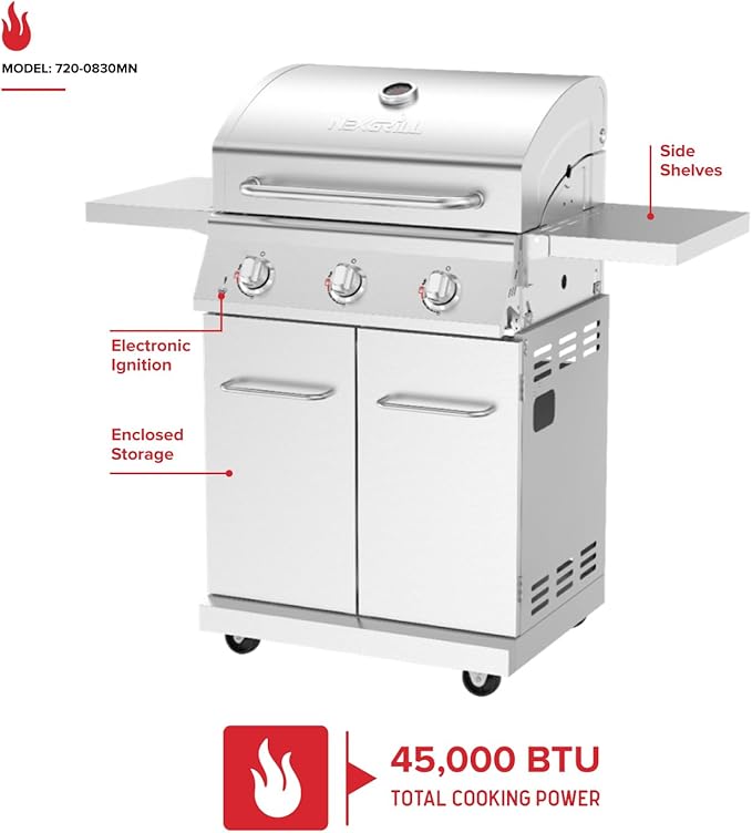 Nexgrill Stainless Steel 3-Burner Propane Gas Grill w/Foldable Side Shelves 40500BTUS 591.05 sq. in. Cooking Area Perfect for Outdoor Cooking &amp Grilling BBQs Backyard Tailgating 720-0830MN