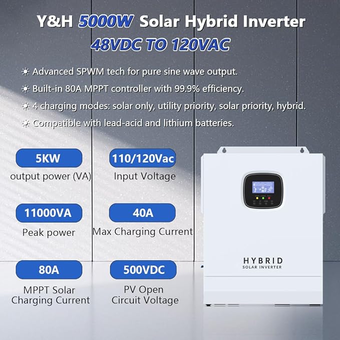 Y&ampH 5000W Hybrid Solar Inverter AC 120V to DC 48V UL1741 Battery-Free Operation Supported with 80A MPPT Charging 6000W PV Input 11kW Peak Lithium/Lead-Acid Compatible for Home RV Off-Grid