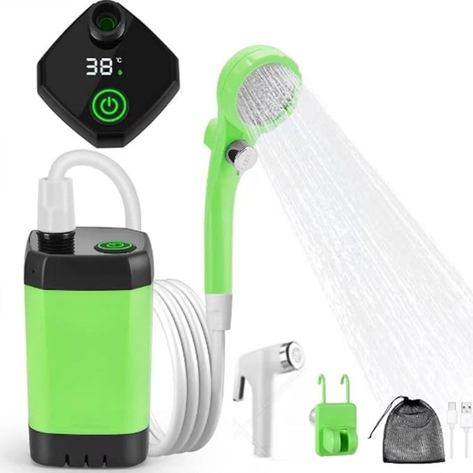 Portable Camping Shower 6000mAh Rechargeable Camping Shower with Intelligent Digital Display Outdoor Camp Pump 4 Spray Modes Camping Shower Pump for Hiking Travel Car Pet GreenB