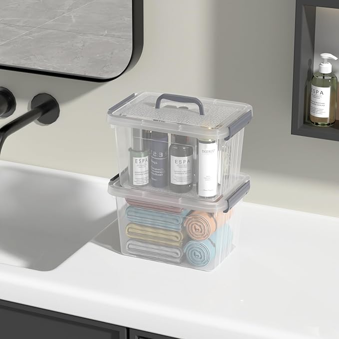 6 Quart Small Clear Latching Bins with Lids Plastic Storage Tote Box with Handle 6 Packs