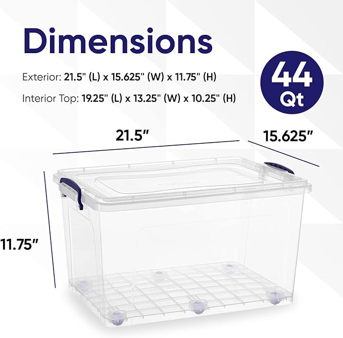 Superio 44 Qt Clear Plastic Storage Bin with Lid and Wheels Non-Toxic BPA Free Odor Free Organizer Storage Box Stackable Plastic Tote for Home Garage Closet